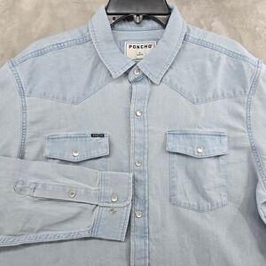 Poncho Size XL Western Shirt Light Blue Peformance Denim Pearl Snap Slim Fit